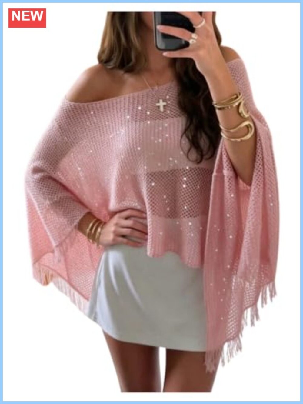 Sequin Knit Poncho Shawl Cover Up Fringe Crochet Beach Swim Top